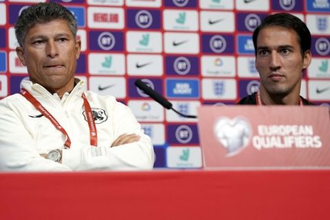 Bulgaria's manager Krasimir Balakov, left, with captain Ivelin Popov attends a press conference at Wembley Stadium, London, Friday, Sept. 6, 2019. Bulgaria will play England in Euro 2020 group A qualifying soccer match on Saturday. (John Walton/PA via AP)