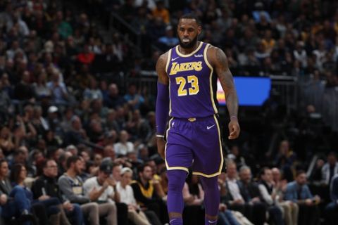 Los Angeles Lakers forward LeBron James (23) in the second half of an NBA basketball game Tuesday, Nov. 27, 2018, in Denver. The Nuggets won 117-85. (AP Photo/David Zalubowski)