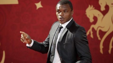Fan Fest Ambassador, former French soccer player Marcel Desailly arrives for the 2018 soccer World Cup draw in the Kremlin in Moscow, Friday, Dec. 1, 2017. (AP Photo/Dmitri Lovetsky)
