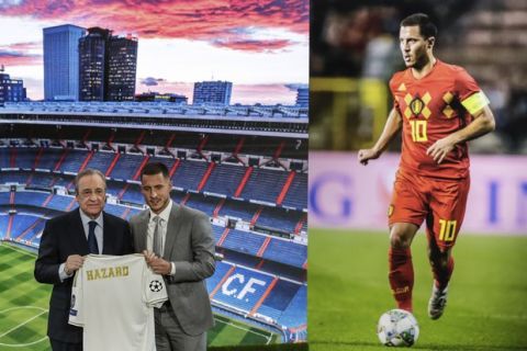 Belgium forward Eden Hazard, right, holds his new shirt with Real Madrid's President Florentino Perez during his official presentation after signing for Real Madrid at the Santiago Bernabeu stadium in Madrid, Spain, Thursday, June 13, 2019. Madrid announced last week that it had acquired the 28-year-old Belgian playmaker from Chelsea for a reported fee of around 100 million euros ($113 million) plus variables, making him the club's most expensive signing ever. (AP Photo/Manu Fernandez)