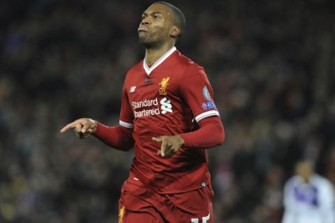 Liverpool's Daniel Sturridge celebrates after scoring his side's third goal during the Champions League Group E soccer match between Liverpool and Maribor at Anfield, Liverpool, England, Wednesday Nov. 1, 2017. (AP Photo/Rui Vieira)