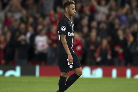 Paris Saint-Germain's Neymar appears dejected after the UEFA Champions League, Group C match at Anfield, Liverpool, Tuesday Sept. 18, 2018. (Peter Byrne/PA via AP)