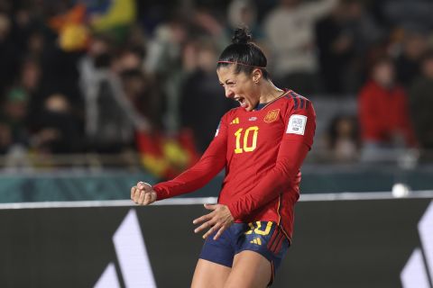 Spain's Jennifer Hermoso celebrates after scoring her side's second goal during the Women's World Cup Group C soccer match between Spain and Zambia in Auckland, New Zealand, Wednesday, July 26, 2023. (AP Photo/Rafaela Pontes)