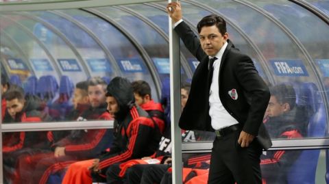 River Plates manager Marcelo Gallardo waits for the start of his team's semifinal match against Sanfrecce Hiroshima at the FIFA Club World Cup soccer tournament in Osaka, western Japan, Wednesday, Dec. 16, 2015. (AP Photo/Eugene Hoshiko)