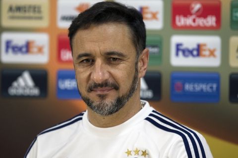 Fenerbahces head coach Vitor Pereira smiles during a press conference at Lokomotiv stadium in Moscow, Russia, Wednesday, Feb. 24, 2016. Fenerbahce will face Lokomotiv Moscow at Europa League second leg round of 32 soccer match on Thursday. (AP Photo/Pavel Golovkin)