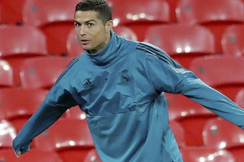 Real Madrid's Cristiano Ronaldo takes part in a training session at Wembley stadium in London, Tuesday, Oct. 31, 2017. Real Madrid play Tottenham Hotspur in a Champions League Group H soccer match in London on Wednesday. (AP Photo/Matt Dunham)