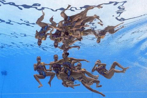 Greece team competes in the team technical final of artistic swimming at the World Swimming Championships in Fukuoka, Japan, Tuesday, July 18, 2023. (AP Photo/David J. Phillip)