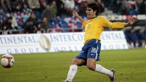 Brazil's Kaka scores the second goal for his team during the friendly soccer match between Switzerland and Brazil at St. Jakob Park stadium in Basel, Switzerland, Wednesday, Nov. 15, 2006. (AP Photo/Keystone, Eddy Risch)