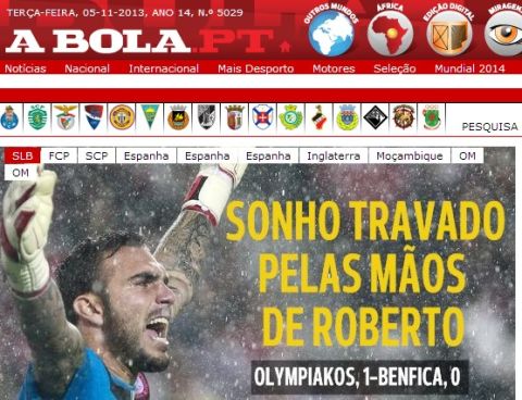 Ξένα ΜΜΕ: Ρομπέρτο-Μπενφίκα 1-0, γράφουν οι Πορτογάλοι