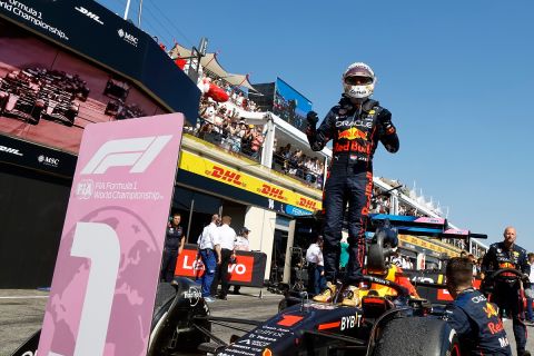 Red Bull driver Max Verstappen of the Netherlands celebrates after winning the French Formula One Grand Prix at Paul Ricard racetrack in Le Castellet, southern France, Sunday, July 24, 2022. (Eric Gaillard/Pool via AP)