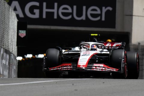 Haas driver Nico Hulkenberg of Germany steers his car during the Formula One third free practice session at the Monaco racetrack in Monaco, Saturday, May 27, 2023. The Formula One race will be held on Sunday. (AP Photo/Luca Bruno)