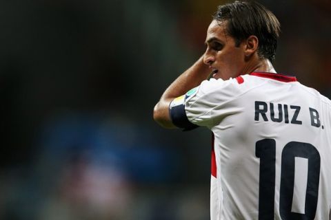SALVADOR, BRAZIL - JULY 05:  Bryan Ruiz of Costa Rica looks on during the 2014 FIFA World Cup Brazil Quarter Final match between the Netherlands and Costa Rica at Arena Fonte Nova on July 5, 2014 in Salvador, Brazil.  (Photo by Dean Mouhtaropoulos/Getty Images)