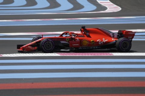 Ferrari driver Sebastian Vettel of Germany steers his car during the first free practice at the Paul Ricard racetrack, in Le Castellet, southern France, Friday, June 22, 2018. The Formula one race will be held on Sunday. (AP Photo/Claude Paris)
