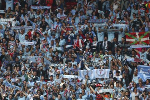 Celta Vigo fans cheer as they wait for the start of the Europa League semifinal second leg soccer match between Manchester United and Celta Vigo at Old Trafford in Manchester, England, Thursday, May 11, 2017. (AP Photo/Dave Thompson)