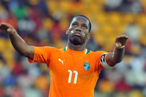 Ivory Coast national football team forward Didier Drogba reacts on January 22, 2012 after missing a goal during a Group B match against Sudan of the Africa Cup of Nations in Malabo. AFP PHOTO / ALEXANDER JOE (Photo credit should read ALEXANDER JOE/AFP/Getty Images)