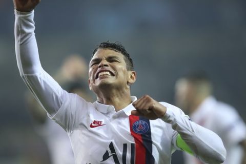 PSG's Thiago Silva jubilates after his side scored during a Champions League Group A soccer match between Club Brugge and Paris Saint Germain at the Jan Breydel stadium in Bruges, Belgium, Tuesday, Oct. 22, 2019. (AP Photo/Francisco Seco)