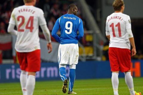 Mario Balotelli (C) from Italy reacts after he scored a goal against Poland during their Euro 2012 friendly football match on November 11, 2011 in Wroclaw.     AFP PHOTO/ JANEK SKARZYNSKI (Photo credit should read JANEK SKARZYNSKI/AFP/Getty Images)