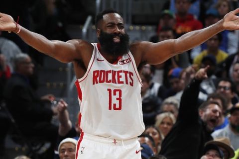 Houston Rockets guard James Harden looks for a foul call during the second half of the team's NBA basketball game against the Denver Nuggets on Wednesday, Nov. 20, 2019, in Denver. The Nuggets won 105-95. (AP Photo/David Zalubowski)