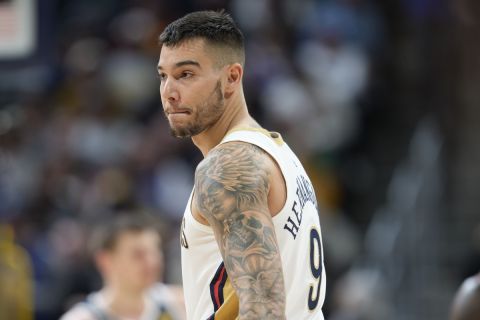 New Orleans Pelicans center Willy Hernangomez (9) in the first half of an NBA basketball game Tuesday, Jan. 31, 2023, in Denver. (AP Photo/David Zalubowski)