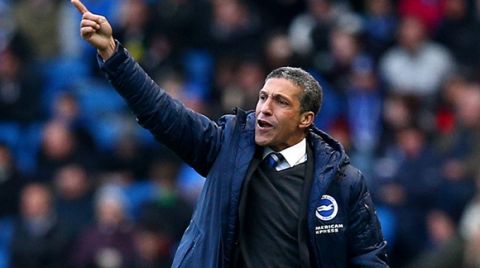 BRIGHTON, ENGLAND - JANUARY 17: Brighton manager Chris Hughton gets animated on the touch line during the Sky Bet Championship match between Brighton & Hove Albion and Brentford at The Amex Stadium on January 17, 2015 in Brighton, England. (Photo by Charlie Crowhurst/Getty Images)