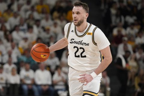 Southern Mississippi forward Felipe Haase (22) dribbles up court against Louisiana during the second half of an NCAA college basketball game in Hattiesburg, Miss., Thursday, Feb. 9, 2023. Southern Mississippi won 82-71. (AP Photo/Rogelio V. Solis)