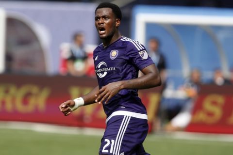Orlando City SC's Cyle Larin (21) reacts after scoring against New York City FC during the second half of an MLS soccer game at Yankee Stadium, Sunday, July 26, 2015, in New York.  New York defeated Orlando 5-3. (AP Photo/Jason DeCrow)  