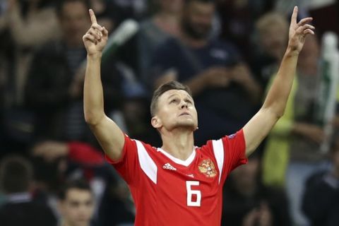 Russia's Denis Cheryshev celebrates after scoring his side's second goal during the UEFA Nations League soccer match between Russia and Turkey at the Fisht Stadium in Sochi, Russia, Sunday, Oct. 14, 2018. (AP Photo/Alexander Mysyakin)