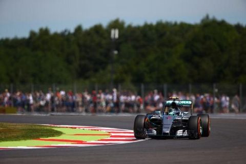 NORTHAMPTON, ENGLAND - JULY 03:  Nico Rosberg of Germany and Mercedes GP drives during practice for the Formula One Grand Prix of Great Britain at Silverstone Circuit on July 3, 2015 in Northampton, England.  (Photo by Clive Mason/Getty Images)