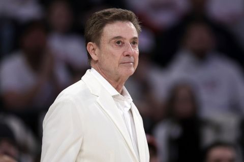 St. John's head coach Rick Pitino reacts against Creighton during the first half of an NCAA college basketball game Sunday, Feb. 25, 2024, in New York. St. John's won 80-66. (AP Photo/Adam Hunger)