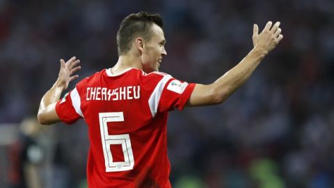 Russia's Denis Cheryshev celebrates after scoring his side's first goal during the quarterfinal match between Russia and Croatia at the 2018 soccer World Cup in the Fisht Stadium, in Sochi, Russia, Saturday, July 7, 2018. (AP Photo/Pavel Golovkin)