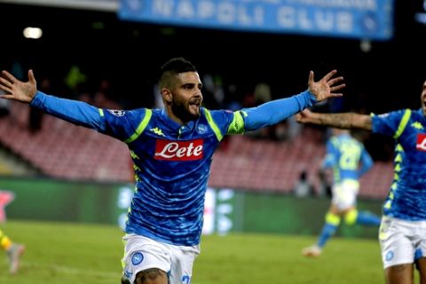 Napoli forward Lorenzo Insigne celebrates after scoring during the Champions League, group C soccer match between Napoli and Liverpool, at the San Paolo Stadium in Naples, Italy, Wednesday, Oct. 3, 2018. Napoli won 1-0. (AP Photo/Andrew Medichini)