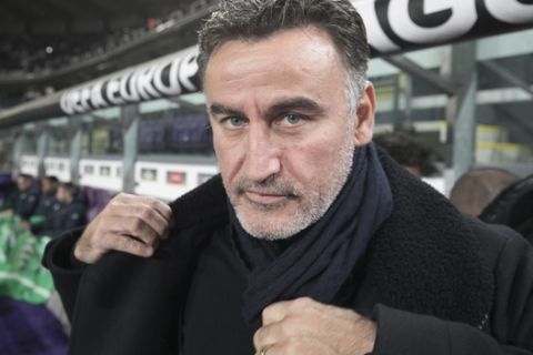 St. Etienne coach Christophe Galtier after the Europa League Group C soccer match between St. Etienne and Anderlecht at the Constant Vanden Stock stadium in Brussels on Thursday, Dec. 8, 2016. (AP Photo/Olivier Matthys)