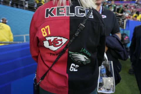 The jacket of Donna Kelce, mother of Travis and Jason are seen pre-game before the NFL Super Bowl 57 football game, Sunday, Feb. 12, 2023, in Glendale, Ariz. (AP Photo/Steve Luciano)