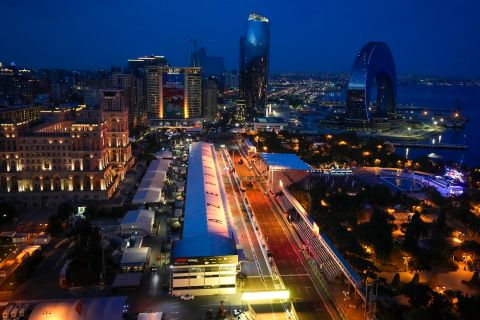A view of a part of the Baku circuit, in Baku, Azerbaijan, Thursday, June 9, 2022. The Formula One Grand Prix will be held on Sunday. (AP Photo/Sergei Grits)