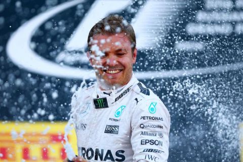 SOCHI, RUSSIA - MAY 01:  Nico Rosberg of Germany and Mercedes GP celebrates his win on the podium during the Formula One Grand Prix of Russia at Sochi Autodrom on May 1, 2016 in Sochi, Russia.  (Photo by Dan Istitene/Getty Images)