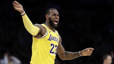 Los Angeles Lakers' LeBron James argues a call during the second half of an NBA basketball game against the Miami Heat Monday, Dec. 10, 2018, in Los Angeles. (AP Photo/Marcio Jose Sanchez)