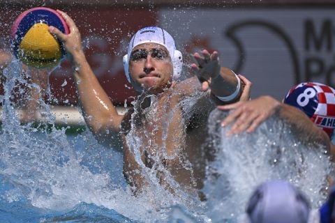 Georgios Dervisis of Greece in action during the Men's water polo bronze medal match between Greece and Croatia at the 19th FINA World Championships in Budapest, Hungary, Sunday, July 3, 2022. (AP Photo/Anna Szilagyi)