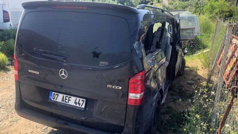 A view of the damaged vehicle involved in an accident near Alanya in Antalya province, Turkey, Monday, April 29, 2019.Czech Republic international Josef Sural was killed and six other Alanyaspor players were injured Monday when their van was involved in an accident on the way home from a Turkish league soccer match. (IHA agency via AP)