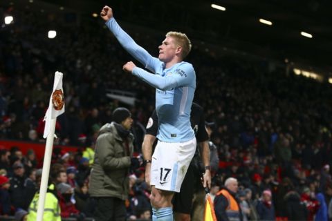 Manchester City's Kevin De Bruyne celebrates at the end of the English Premier League soccer match between Manchester United and Manchester City at Old Trafford Stadium in Manchester, England, Sunday, Dec. 10, 2017. City won 2-1. (AP Photo/Dave Thompson)