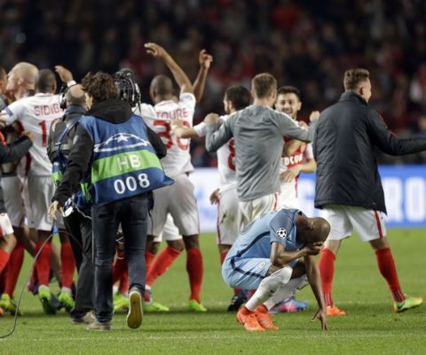 Manchester City's Fernandinho reacts at the end of a Champions League round of 16 second leg soccer match between Monaco and Manchester City at the Louis II stadium in Monaco, Wednesday March 15, 2017. Midfielder Tiemoue Bakayoko's thumping header sent Monaco through to the Champions League quarterfinals as the home side beat Manchester City 3-1 on Wednesday to progress on the away goals rule in another pulsating match between two attack-minded sides. (AP Photo/Claude Paris)