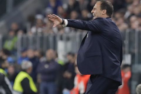 Juventus coach Massimiliano Allegri gestures during the Champions League, quarterfinal, second leg soccer match between Juventus and Ajax, at the Allianz stadium in Turin, Italy, Tuesday, April 16, 2019. (AP Photo/Luca Bruno)
