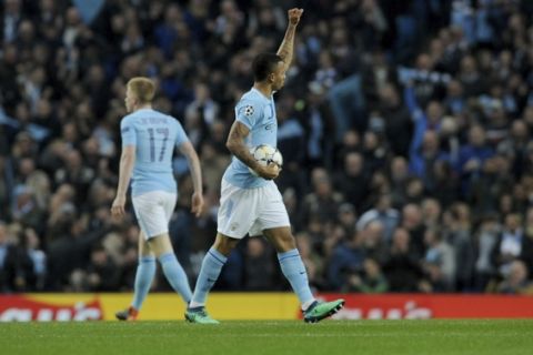 Manchester City's Gabriel Jesus celebrates scoring his side's first goal during the Champions League quarterfinal second leg soccer match between Manchester City and Liverpool at Etihad stadium in Manchester, England, Tuesday, April 10, 2018. (AP Photo/Rui Vieira)