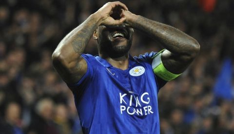Leicester's Wes Morgan celebrates after he scores a goal during the Champions League round of 16 second leg soccer match between Leicester City and Sevilla at the King Power Stadium in Leicester, England, Tuesday, March 14, 2017. (AP Photo/Rui Vieira)
