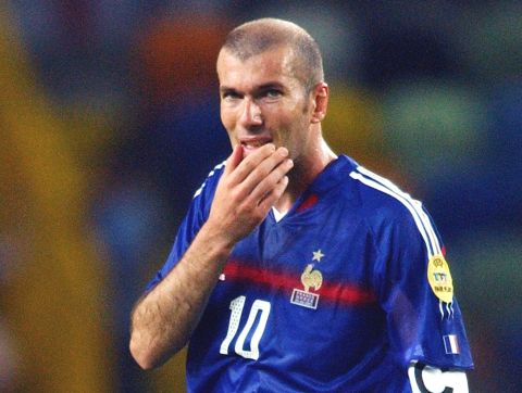 Zinedine Zidane of France reacts at the end of the Euro 2004 quarter final soccer match between France and Greece at the Jose Alvalade stadium in Lisbon, Portugal, Friday, June 25, 2004. France lost the match 1-0.  (AP Photo/Luca Bruno) **  FOR EDITORIAL USE ONLY NO WIRELESS COMMERCIAL OR PROMOTIONAL LICENSING PERMITTED  **