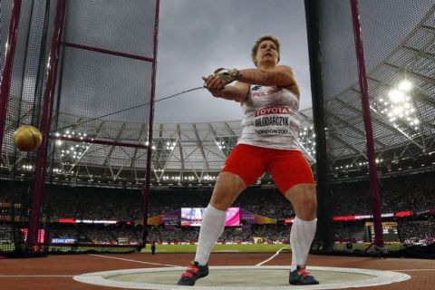 Poland's Anita Wlodarczyk makes an attempt in the women's hammer throw final during the World Athletics Championships in London Monday, Aug. 7, 2017. (AP Photo/Matt Dunham)