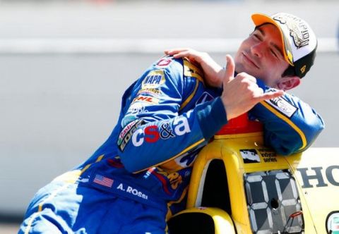INDIANAPOLIS, IN - MAY 30:  Alexander Rossi of the United States, driver of the #98 Andretti Herta Autosport Honda Dallara, poses during a photoshoot after winning the 100th running of the Indianapolis 500 at Indianapolis Motorspeedway on May 30, 2016 in Indianapolis, Indiana.  (Photo by Jamie Squire/Getty Images)