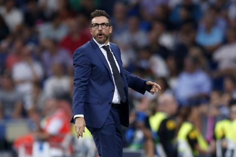 Roma coach Eusebio Di Francesco looks out during a Group G Champions League soccer match between Real Madrid and Roma at the Santiago Bernabeu stadium in Madrid, Spain, Wednesday Sept. 19, 2018. (AP Photo/Manu Fernandez)