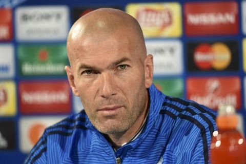 Real coach Zinedine Zidane attends a news conference on the eve of UEFA Champions League match against VfL Wolfsburg at Volkswagen Arena on April 5, 2016. Photo: Reuters