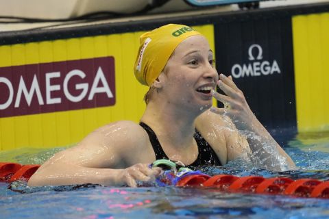 Mollie O'Callaghan of Australia reacts after winning the women's 200m freestyle swimming final at the World Swimming Championships in Fukuoka, Japan, Wednesday, July 26, 2023. (AP Photo/Lee Jin-man)