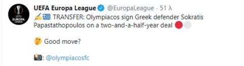 Ολυμπιακός: Στον επίσημο λογαριασμό του Europa League η μεταγραφή Παπασταθόπουλου